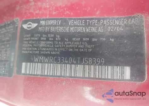 2004 Mini Cooper z USA, uszkodzony, nr VIN WMWRC33404TJ58399